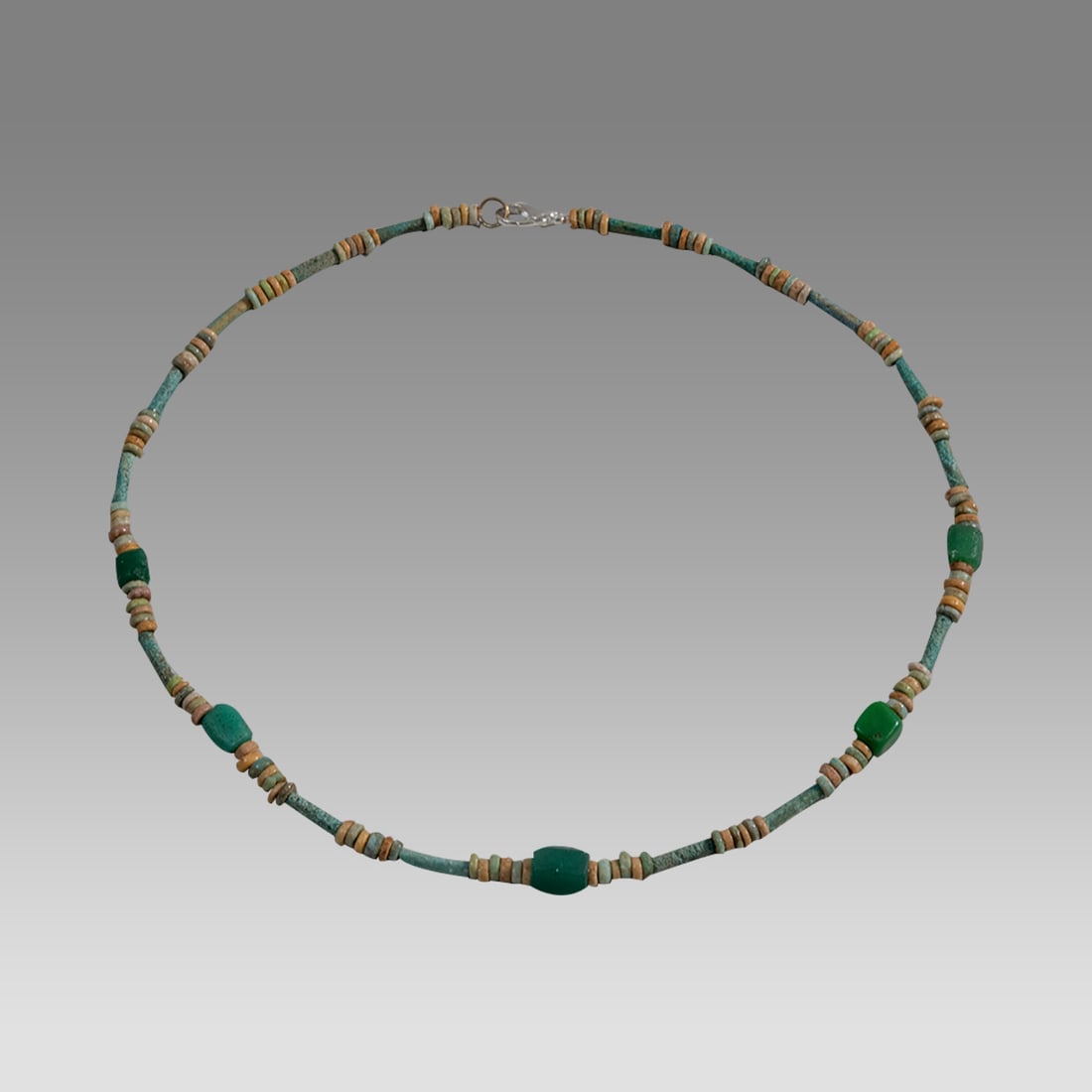 Ancient Egyptian Faience, Bead Necklace c.300-50 BC.: Ancient Egyptian Faience, Bead Necklace c.300-50 BC. Size 17 3/4 inches length. Great Looking single strand Faience Bead necklace with green glass beads. wearable. Provenance: Ex Secret Eyes Gallery N
