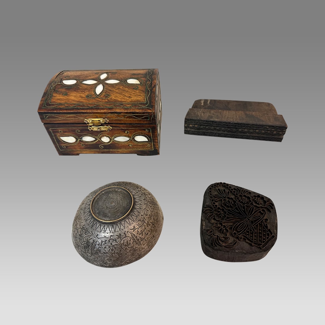 Lot of 4 Middle Eastern Wood Block, Jewelry Box and Copper Bowl. (1 of 3)