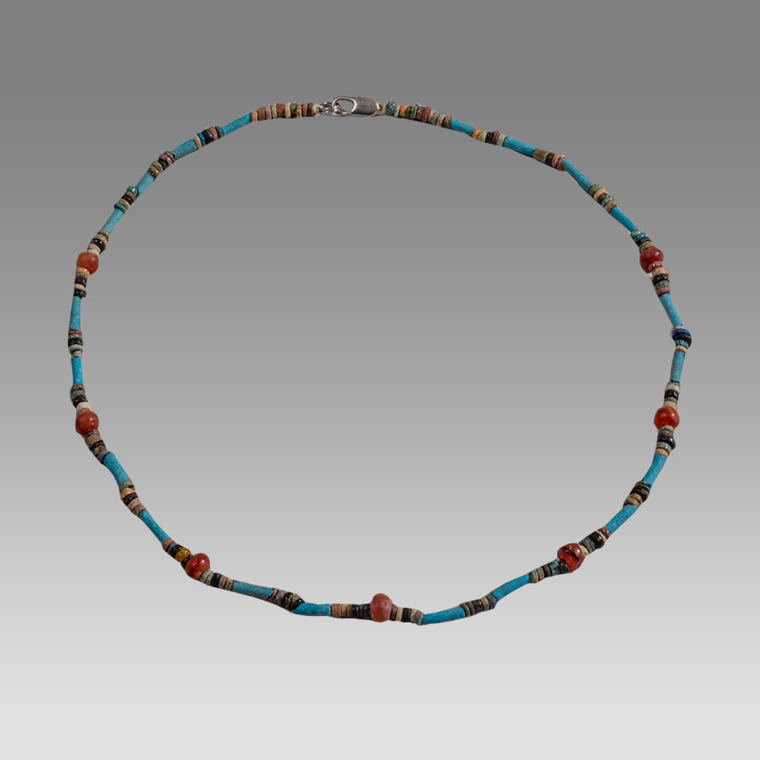 Ancient Egyptian Faience, Bead Necklace c.300-50 BC.: Ancient Egyptian Faience, Bead Necklace c.300-50 BC. Size 19 inches length. Great Looking single strand Faience Bead necklace with Agate beads. wearable. Provenance: Ex Secret Eyes Gallery New York 19