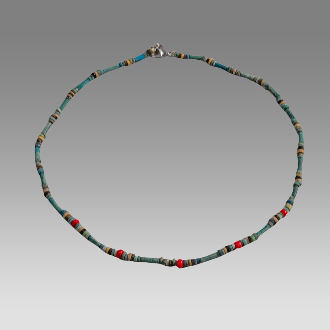 Ancient Egyptian Faience, Bead Necklace c.300-50 BC.: Ancient Egyptian Faience, Bead Necklace c.300-50 BC. Size 18 1/2 inches length. Great Looking single strand Faience Bead necklace. wearable. Provenance: Ex Secret Eyes Gallery New York 1970's-1980's