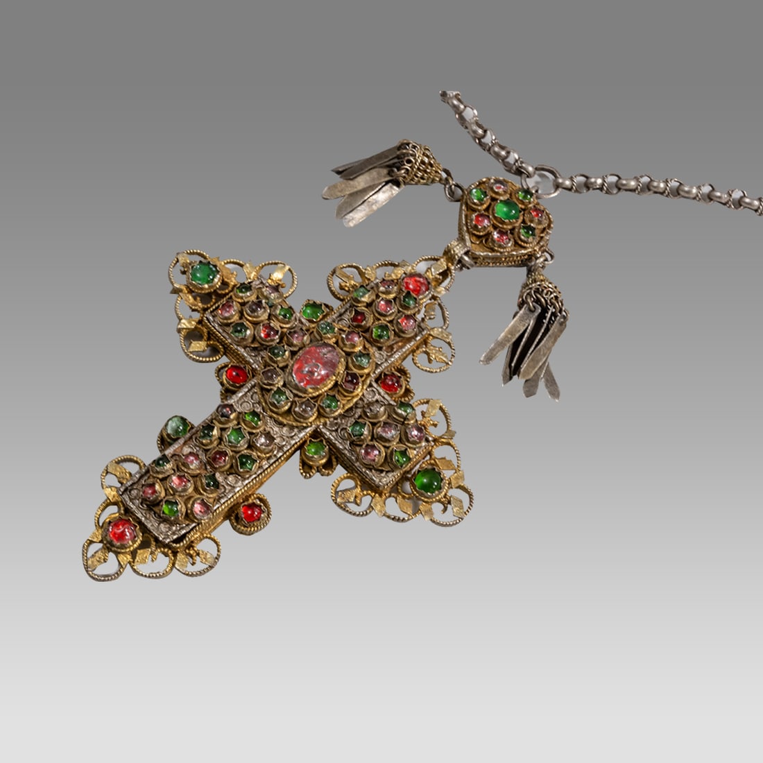 Russian Gold Filled Large Cross with Jewels and Silver Necklace. (1 of 3)