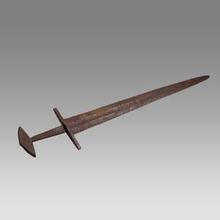 Medieval Style Cast Iron Sword.: Medieval Style Cast Iron Sword. Size 34 1/4 inches length. Nice Decorative Medieval Style cast Iron sword with inscription on both sides of the blade and two Crosses. Not ancient, modern copy. Provena