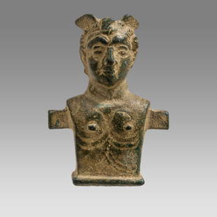 Ancient Roman Bronze Bust Of Hermes, Chariot Fitting c.2nd century AD.: Ancient Roman Bronze Bust Of Hermes, Chariot Fitting c.2nd century AD. Size 3 1/2 inches high. Roman Bronze Chariot fitting depicting figure of Hermes with wings emerging from his head. Great Quality