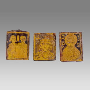 Lot of 3 Byzantine Style Glass Icons with Saints.: Lot of 3 Byzantine Style Glass Icons with Saints. Size 2 x 1 5/8 inches. Lot of 3 glass Icons depicting bust of Saints facing painted under glass in gold. From a Florida collection.