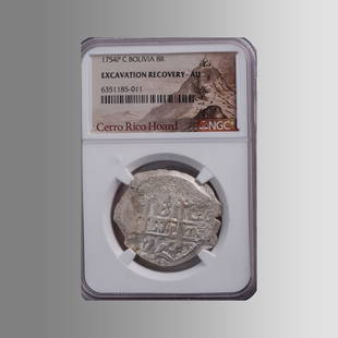 Spanish Colonial 1745P C Bolivia 8 Reales Cerro Rico Hoard. Silver Coin.: Spanish Colonial 1745P C Bolivia 8 Reales Cerro Rico Hoard. Silver Coin. Certified by NGC. An 8-reales Spanish silver dollar (also known as a piece of eight), the largest silver coin in the New World