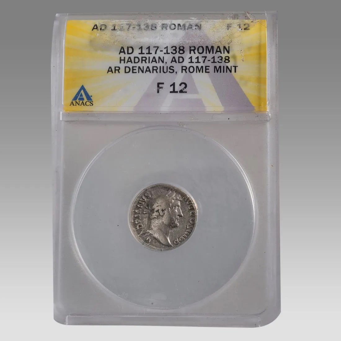 Ancient Roman Silver Denarius Hadrian 117-138 AD. ANACS Certified. F 12 condition. (1 of 2)