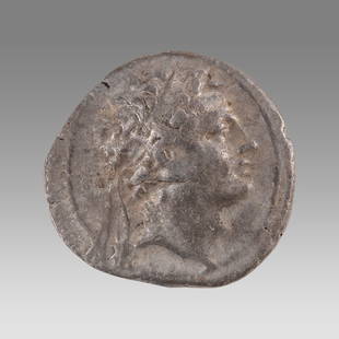 SELEUKID EMPIRE. Antiochos IV Epiphanes. 175-164 BC. Silver Drachm: SELEUKID EMPIRE. Antiochos IV Epiphanes. 175-164 BC. Silver Drachm (20mm, 4.08 g, 12h). Antioch on the Orontes mint. Struck circa 173/2-169/8 BC. Diademed head right / Apollo, testing arrow and placin