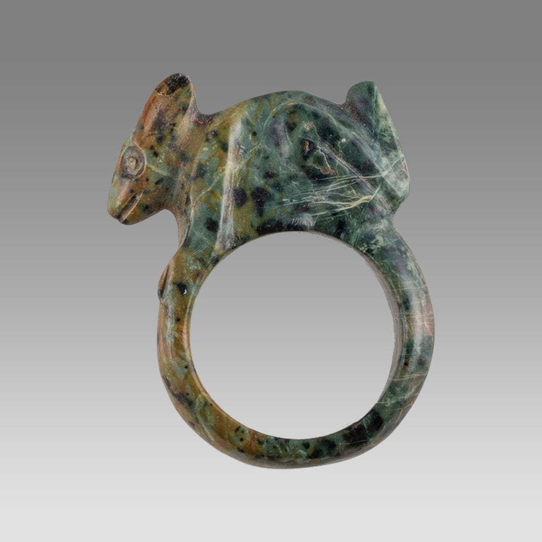 Ancient Green Serpentine Ring with Rabbit Top, Mayan Classic Period, 200-900 CE. (1 of 2)