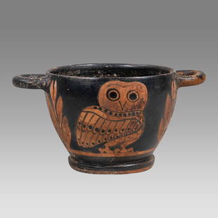 Apulian Style Pottery Owl Cup.: Apulian Style Pottery Owl Cup. Size 3 1/8 inches high. 6 1/4 inches across handle span. Red figure Owl cup with twin handles decorated with Owl on both sides. Not ancient. Ex NYC collection.