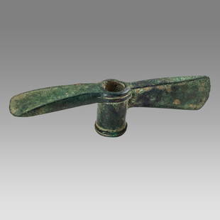 Ancient Luristan Bronze Axe head c.1000 BC.: Ancient Luristan Bronze Axe head c.1000 BC. Size 6 1/4 inches length. A cast bronze tool axe head. Nice patina. Ex Fortuna Gallery NYC.