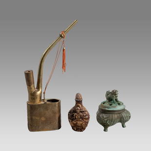 Lot of 3 Antique Chinese Collectibles: Paktong Engraved Brass Opium Water Pipe, Hand carved: Lot of 3 Antique Chinese Collectibles: Paktong Engraved Brass Opium Water Pipe, Hand carved Alabaster Snuff Bottle. Size 3 1/2 - 9 5/8 inches high. featuring Kwan-yin & Foo Dog-Topped Copper Incense B