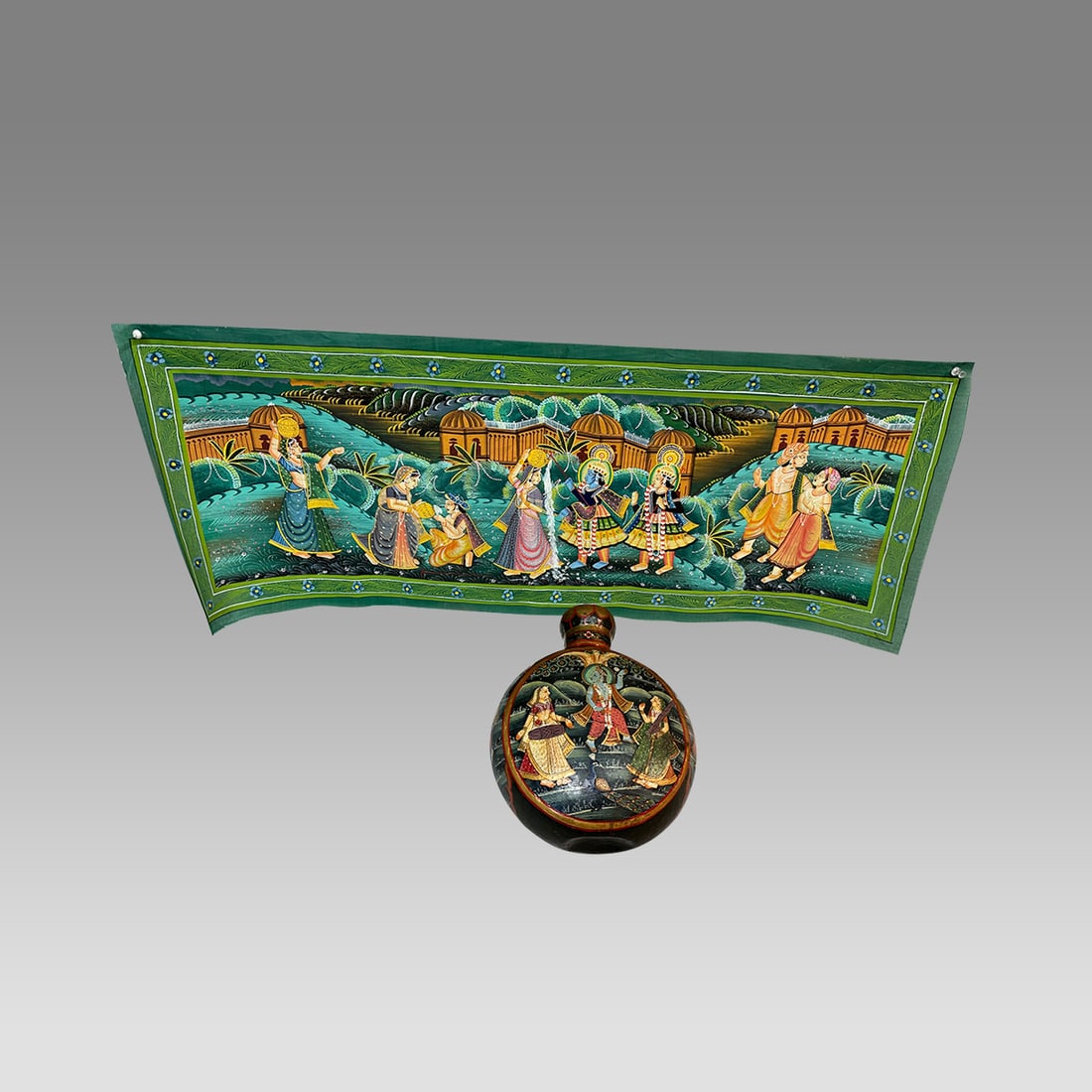 Set of Vintage Indian Hand-Painted Toleware Vase/Water Vessel & Hand-Painted Silk Wall Hanging. (1 of 4)