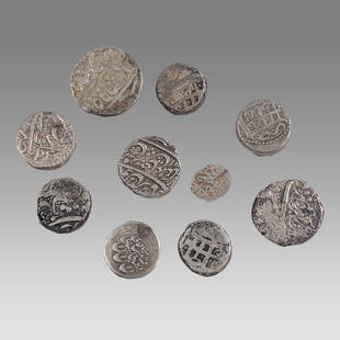 Lot of 10 Islamic India Mughal Silver Coins c.18th century.: Lot of 10 Islamic India Mughal Silver Coins c.18th century. Size 14-24 mm, A collection of 10 thick silver coins with insciptions. Provenance: From a NYC collection acquired in the 1960s