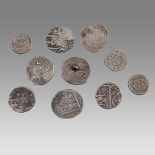 Lot of 10 Islamic India Mughal Silver Coins c.18th century.: Lot of 10 Islamic India Mughal Silver Coins c.18th century. Size 18-25 mm, A collection of 10 thick silver coins with insciptions. Provenance: From a NYC collection acquired in the 1960s