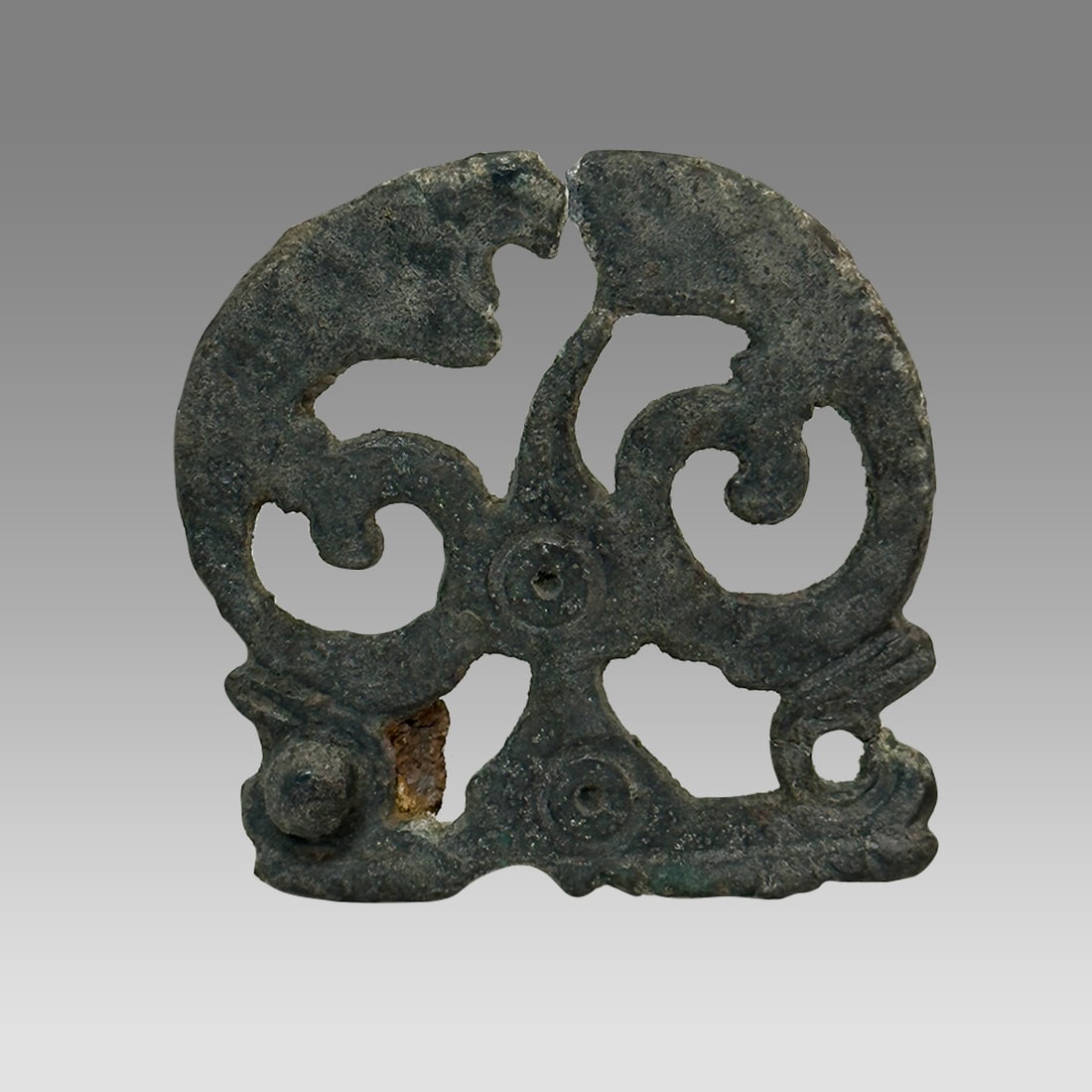 Ancient Roman Bronze Armor Decoration c.2nd-4th century AD.: Ancient Roman Bronze Armor Decoration c.2nd-4th century AD. Size 2 x 17/8 inches. Fine quality cast bronze armor decoration with ornate design. Provenance: Collection of David Van Vleck, Jr of Brookly