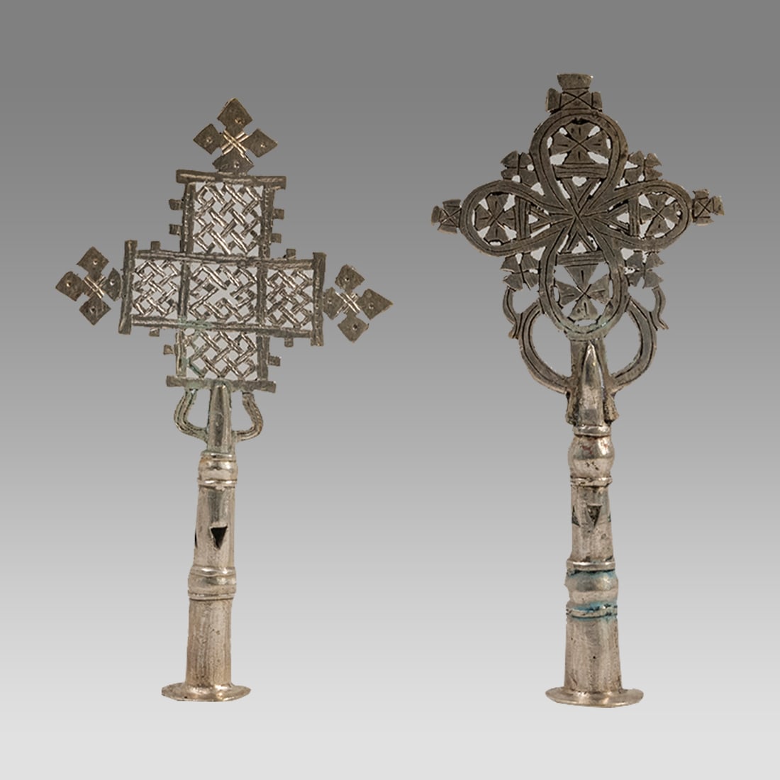 Lot of 2 Ethiopian Coptic Processional Silvered Crosses. (1 of 2)