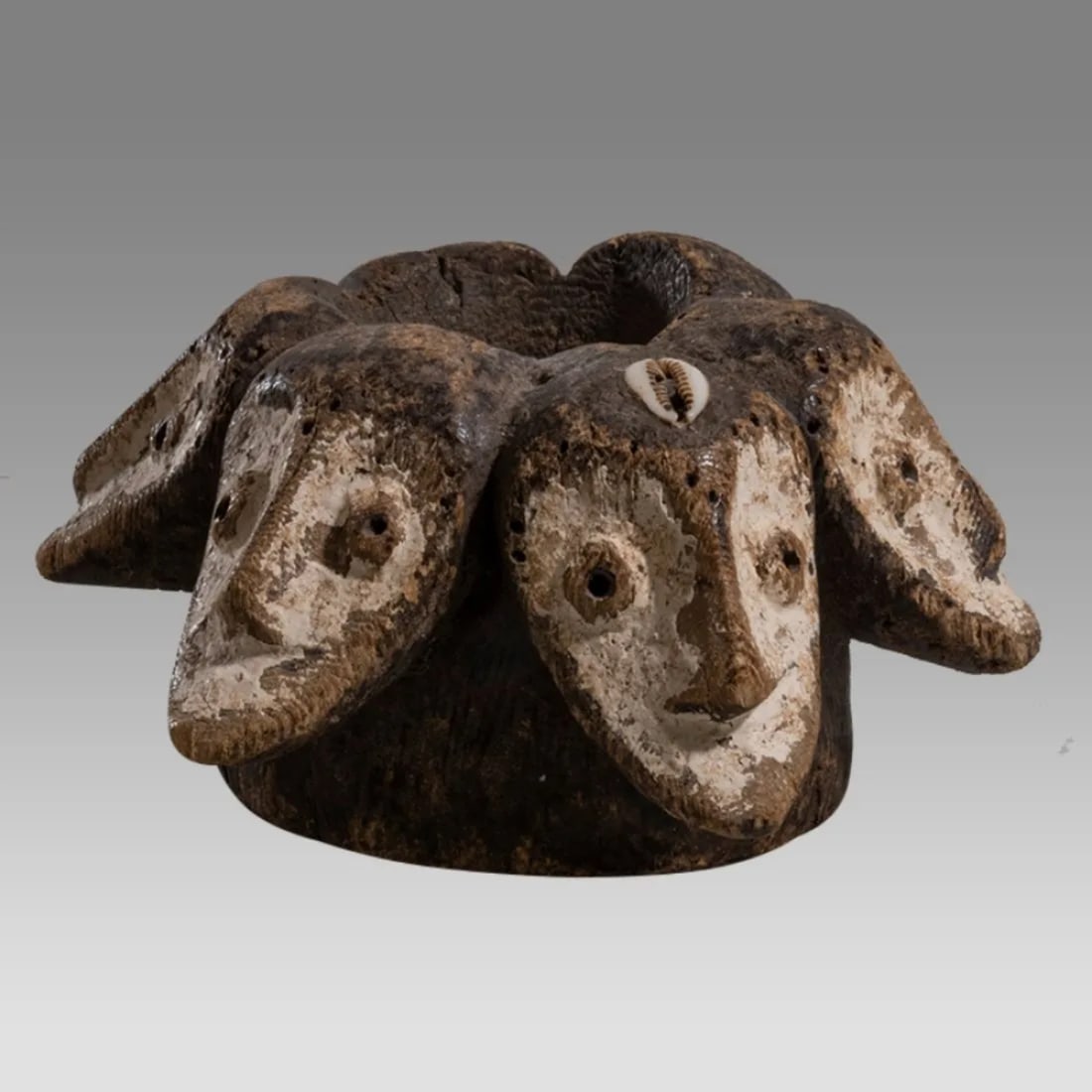 African, DRC Congo, Lega Wood shallow bowl w/ 6 heads. (1 of 2)