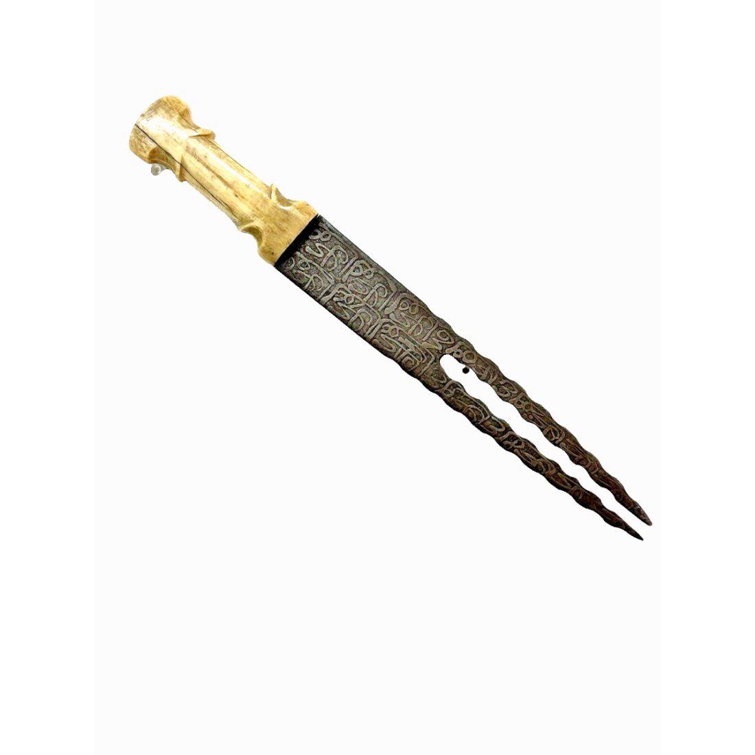 Late 19th century Indian Double Blade Dagger With Bone handle.: Late 19th century Indian Double Blade Dagger With Bone handle. Size 15 inches length. Fine Indian dagger with bone handle, Steel double blade with calligraphy on both sides. Provenance: Ex Private old