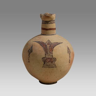 Ancient Cypriot Pottery Trefoil Jug With Decoration c.700-600 B.C.: Ancient Cypriot Pottery Trefoil Jug With Decoration c.700-600 B.C. Size 9 inches high, 6 inches widest point. Cypriot Trefoil Jug with Decorations. With low ring base, globular body, cylindrical neck