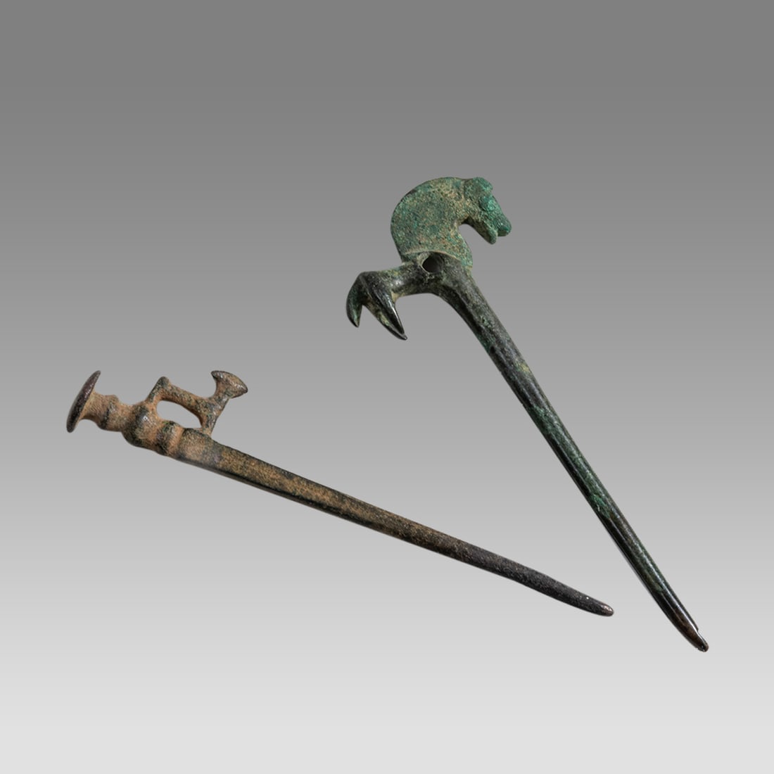 Lot Of 2 Ancient Roman Bronze Pins with Horse, Goat, c. 2nd century AD. (1 of 2)