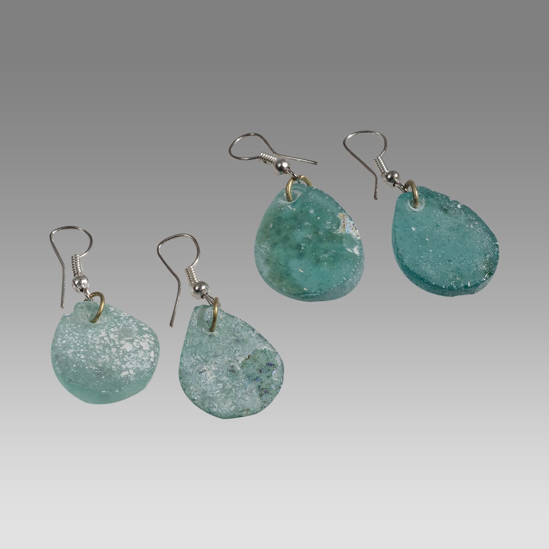 Lot of 2 Ancient Roman Glass Fragment set in silver earrings. (1 of 1)