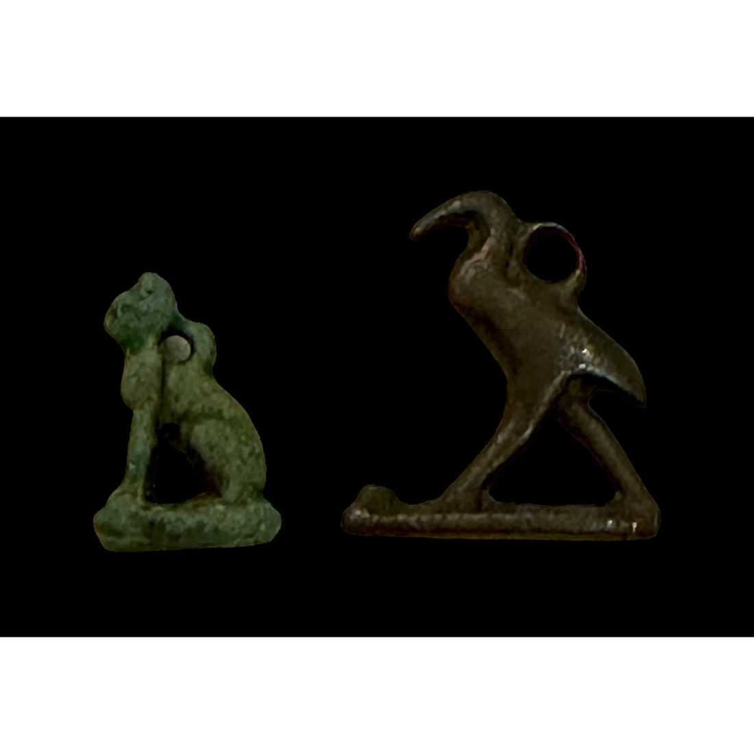Ancient Egyptian Bronze Ibis, Steatite Cat Amulets c.600-30 BC. (1 of 2)