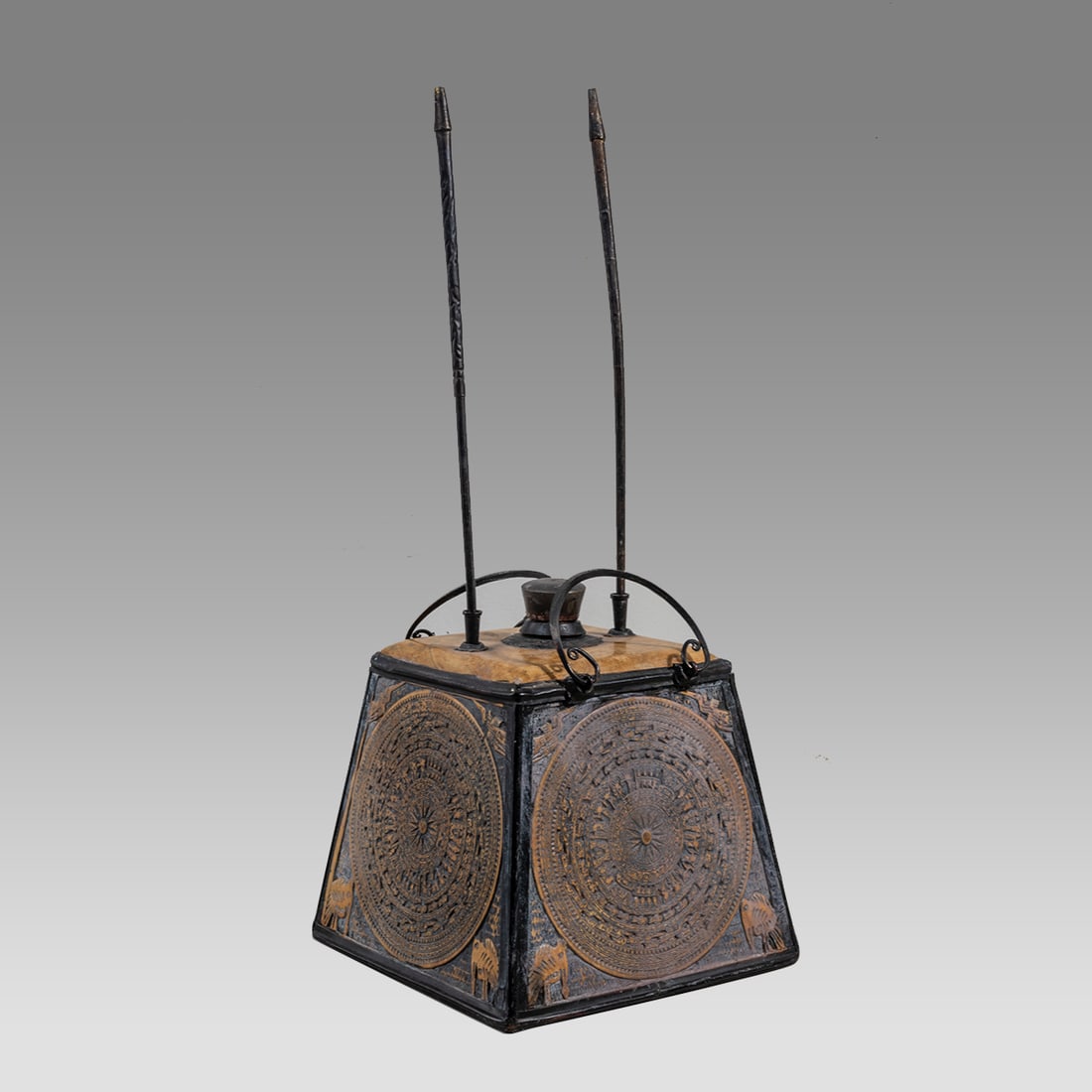 Antique Tibetan, Asian Cosmetic Container.: Antique Tibetan, Asian Cosmetic Container. Size 16 inches high, 6 1/2 inches wide. Unusual square shape cosmetic container with bone? plaques in circular form decorated with ornate design, top and bas
