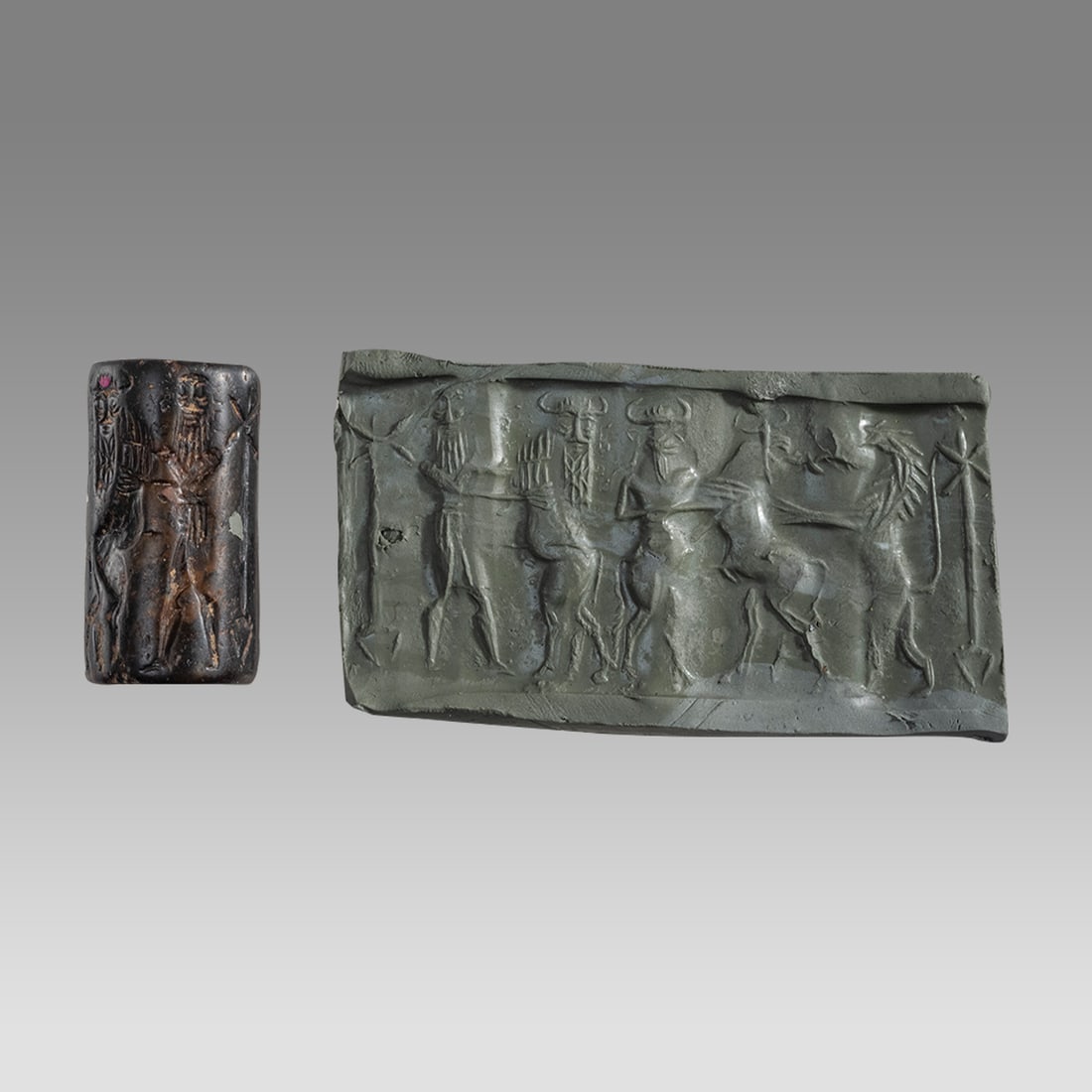 Mesopotamian Akkadian Style Black Stone Cylinder Seal With Gilgamesh. (1 of 5)