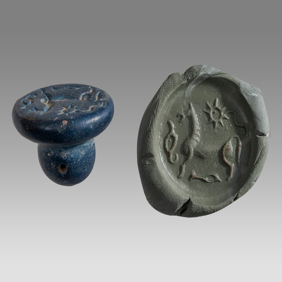 Mesopotamian Babylonian Stone Stamp Seal.: Mesopotamian Babylonian Stone Stamp Seal. Size 23 x 16 mm. Carved dark green stone stamp seal in the Neo Babylonian Style: standing horse right, star above. hole through for suspension. Age unknown. P
