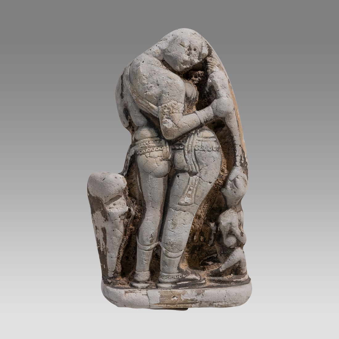 Ancient Indian Stone Erotic Deity c.9th century AD.: Ancient Indian Stone Erotic Deity c.9th century AD. Size 4 3/4 inches high. Soft stone relief erotic scene of Deities. Provenance: Ex East Coast collection Ex; Fortuna Fine Arts.