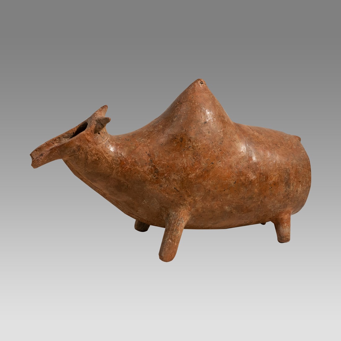 Amlash Pottery Large Bull Possibly 1000 BC.: Amlash Pottery Large Bull Possibly 1000 BC. Size 15 1/2 inches length, 9 inches high. A large hollow red pottery Bull. Rare and unique. Private NJ collection. Ex. Oppenheimer collection, NYC. acquired