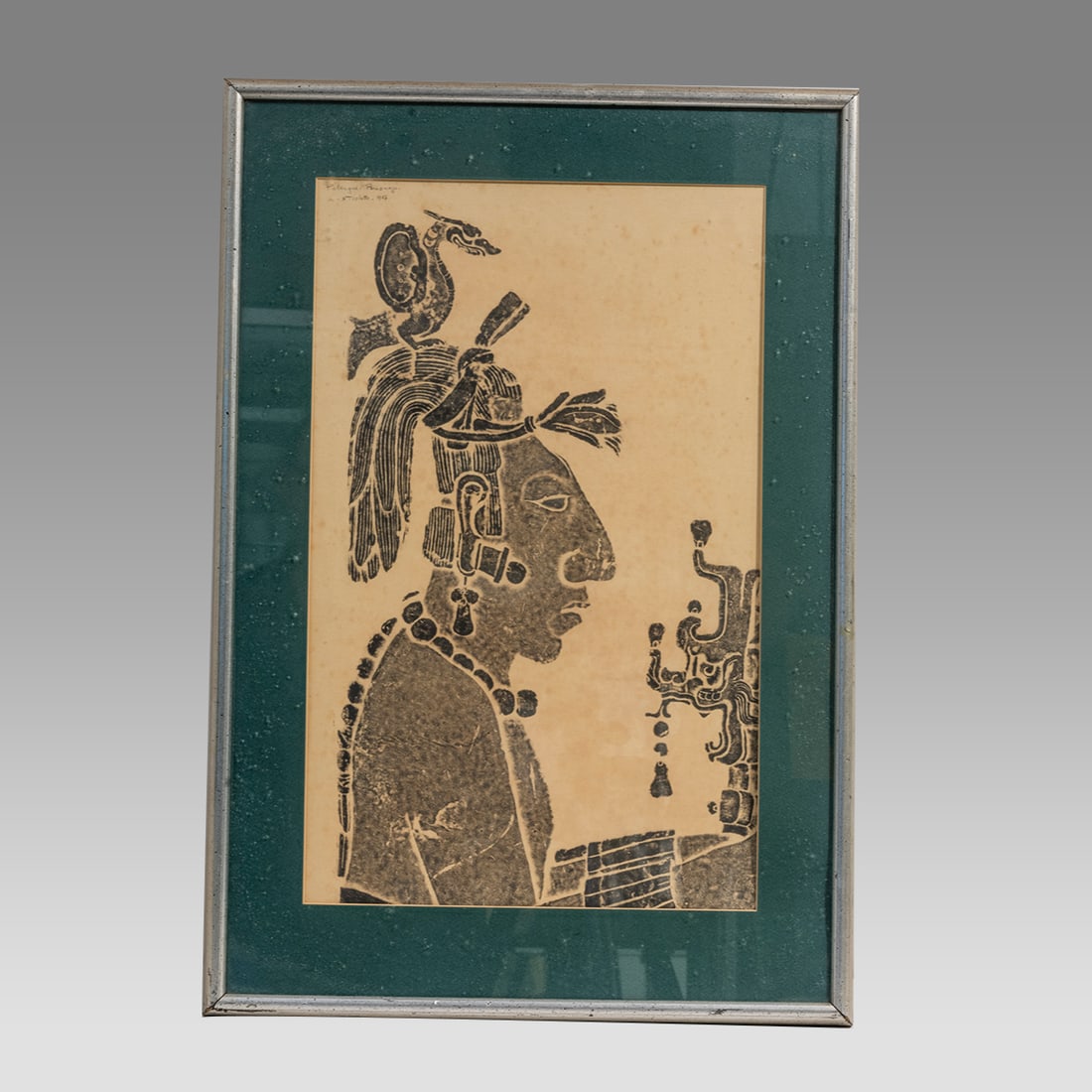 Vintage Framed Palenque Temple Rubbing of a Royal Mayan Male (Chiapas, Mexico). (1 of 2)