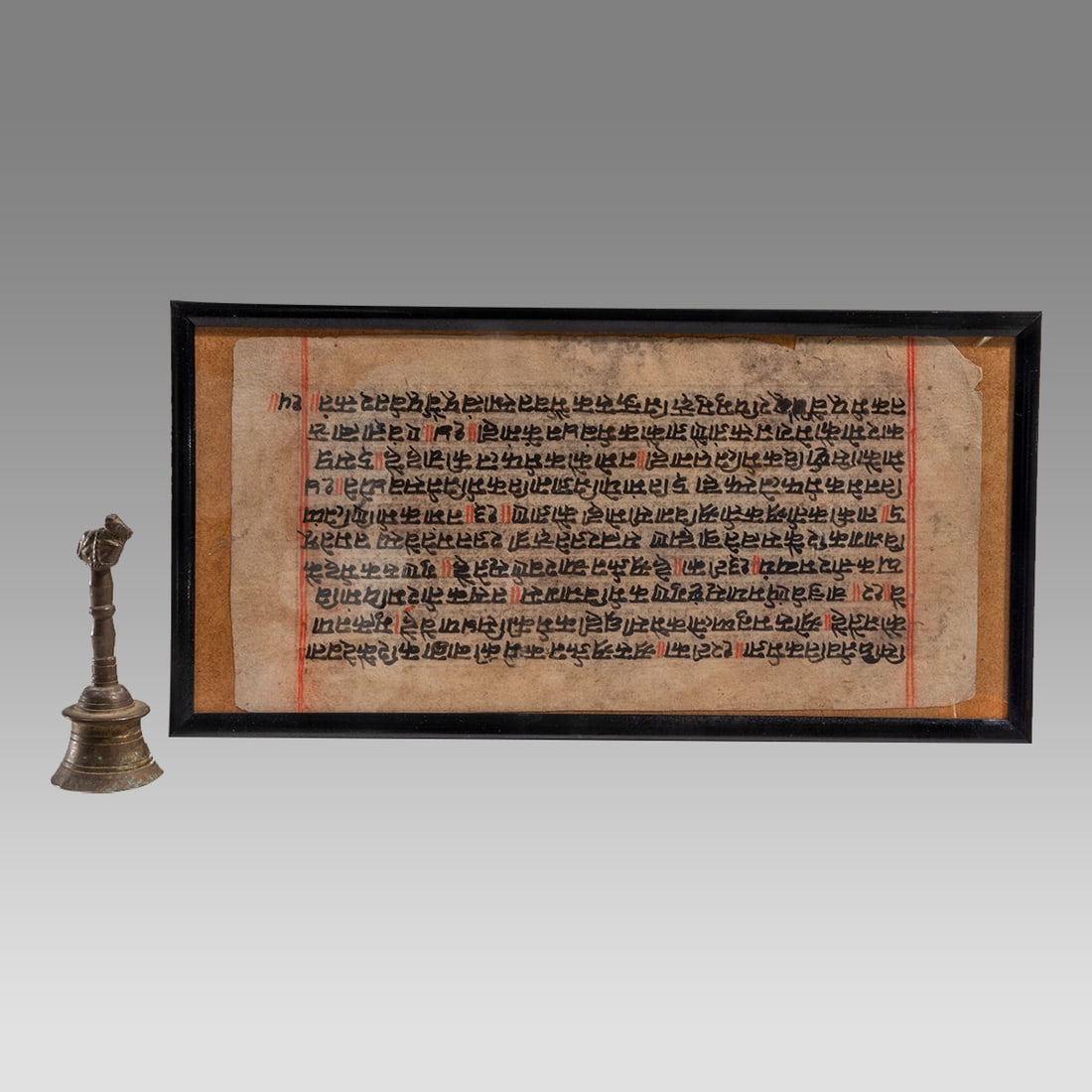 Antique Indian Hindu Sanskrit Manuscript Leaf & Brass Nandi Temple Bell (ca. Mid-18th c. CE; 19th c. (1 of 2)