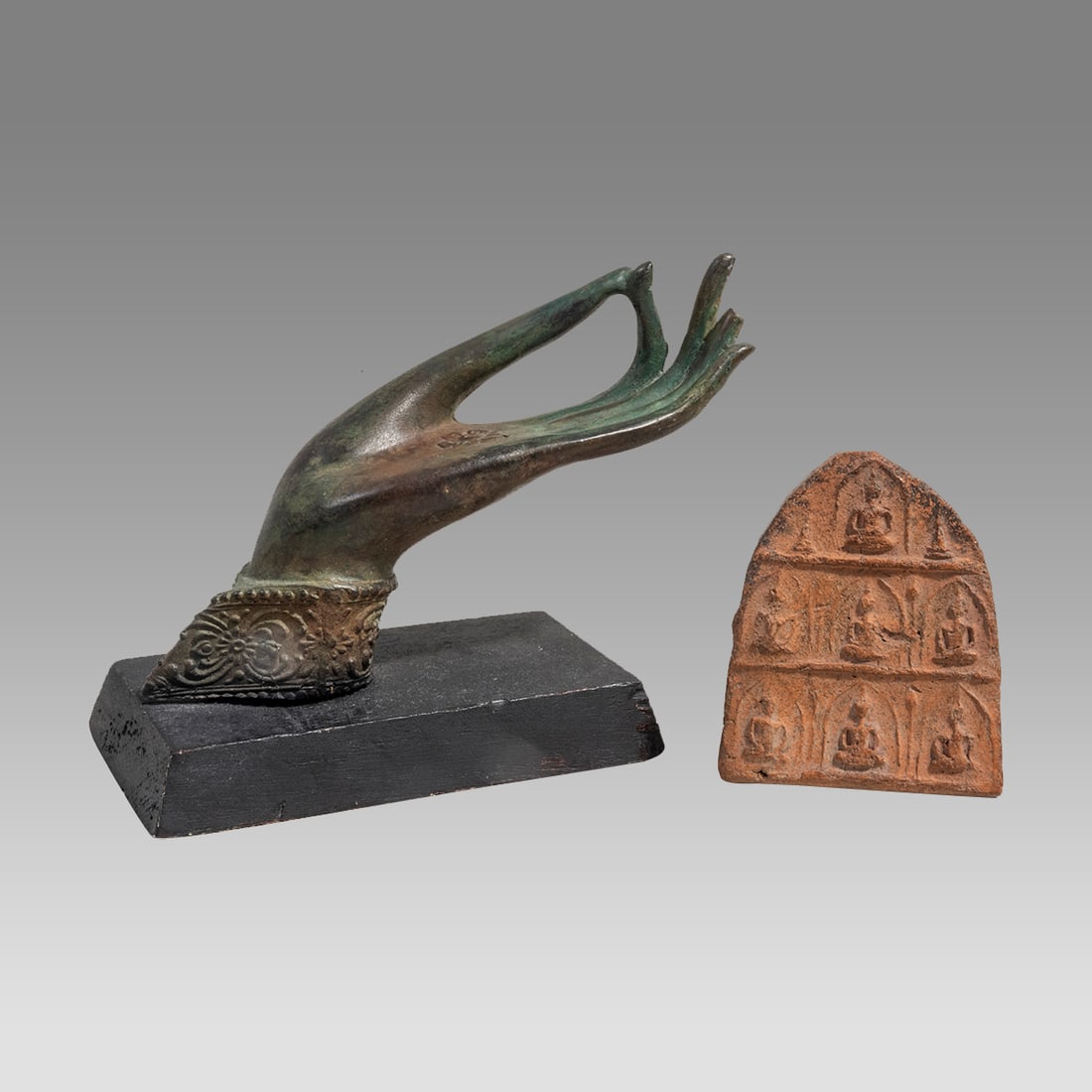Thai Ayutthaya Bronze Buddha Hand & Votive Pottery Shrine Tablet (ca. 14th-17th c. CE). (1 of 3)