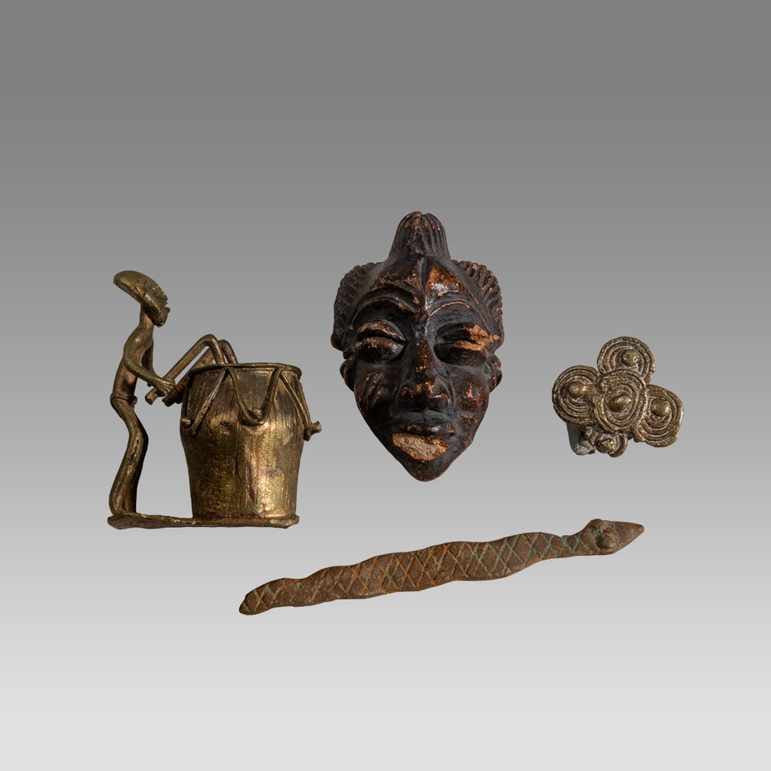 4 African Ashanti Artifacts: 2 Gold Weights, Cast Bronze Ring & Head Fragment (ca. 18th-19th c. CE). (1 of 3)