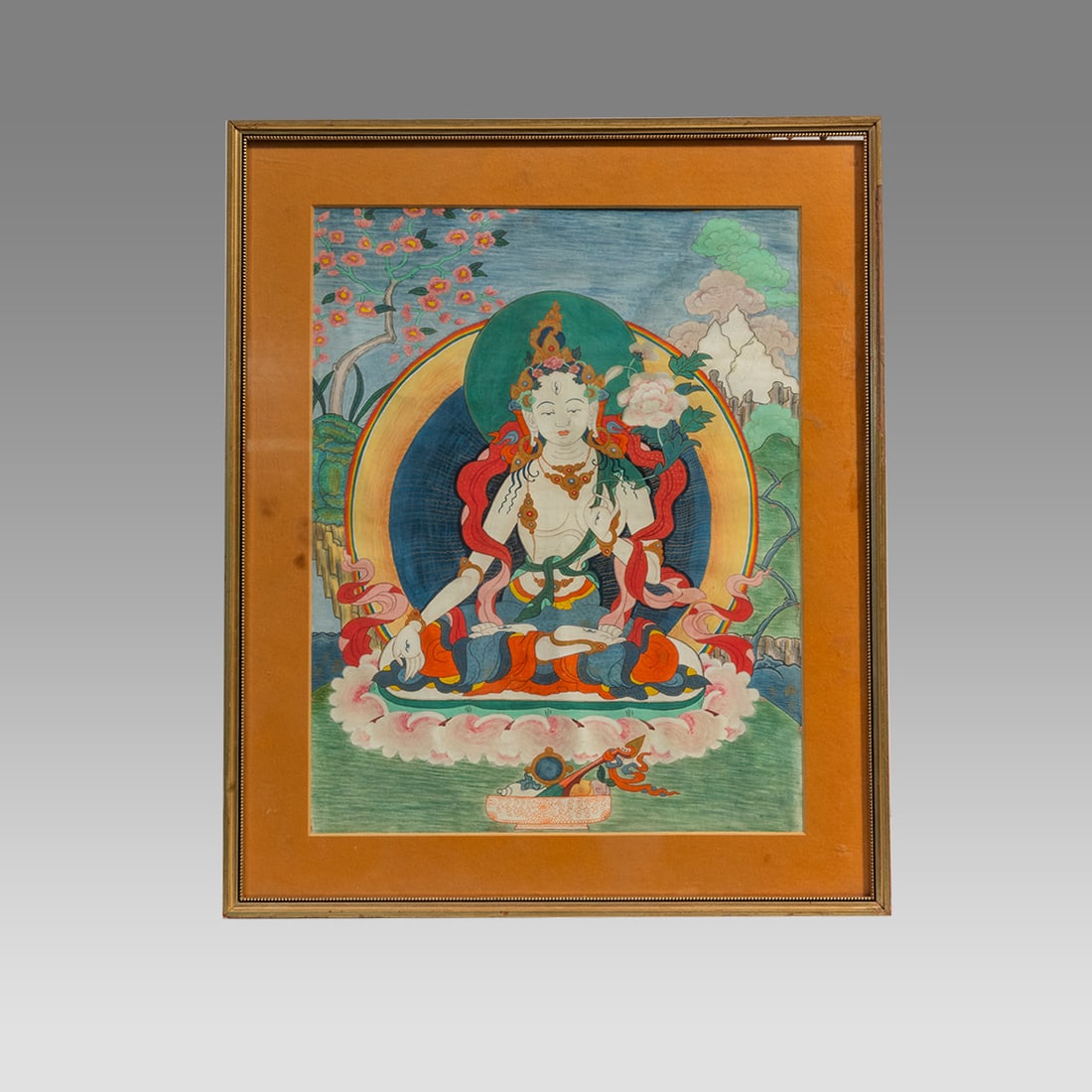 Vintage Tibetan Hand-Colored White Tara Thangka Painting.: Vintage Tibetan Hand-Colored White Tara Thangka Painting. Size: approx. 15.25”W x 18.75”H. White Tara is a revered figure in Buddhist mythology, often depicted as a compassionate and seren