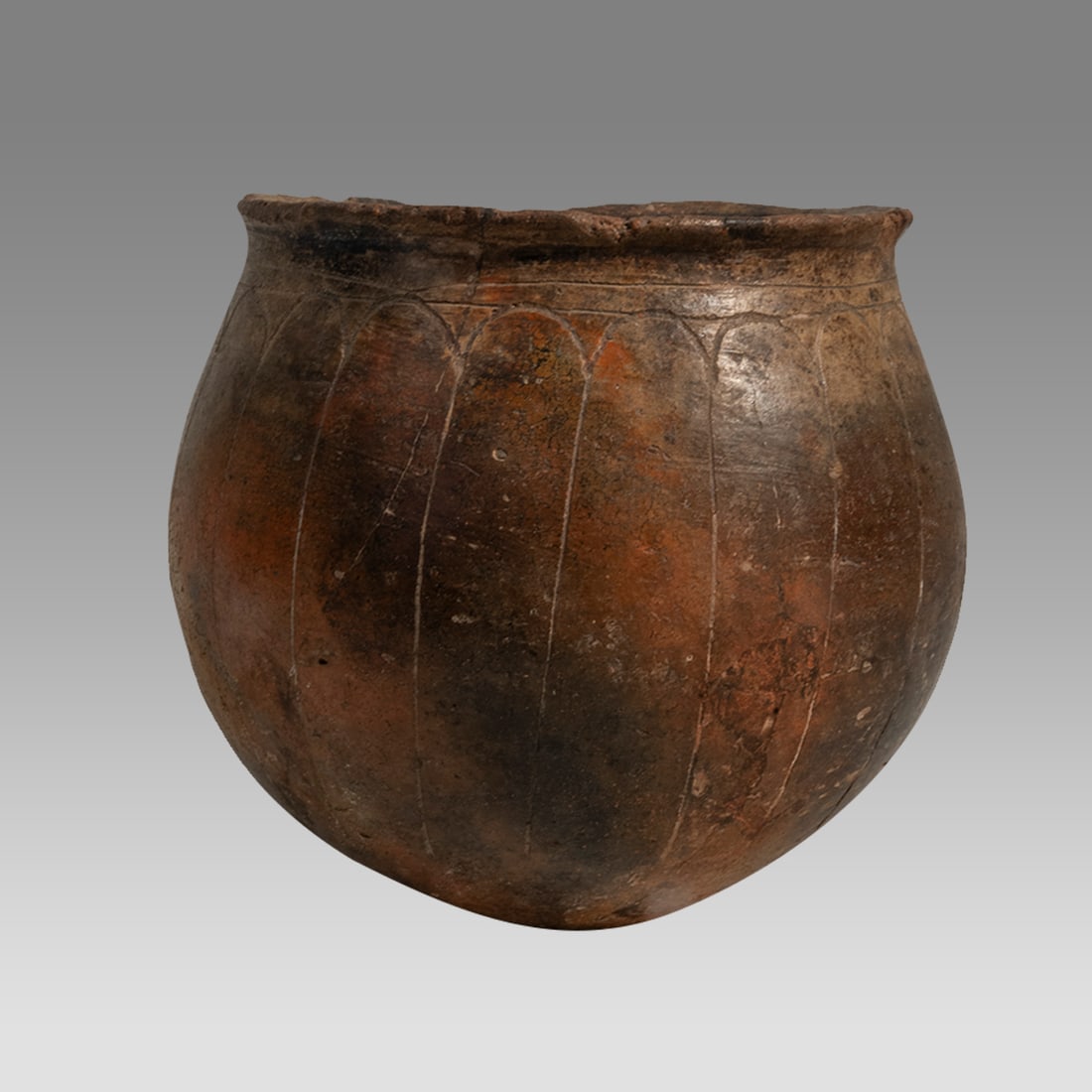 Ancient Pre Columbian, Mayan Incised Pottery Bowl c.500-750 AD.: Ancient Pre Columbian, Mayan Incised Pottery Bowl c.500-750 AD. Size 6 1/2 inches high x 6 inches wide. Large reddish pottery bowl with incised arches. Provenance: Ex Robert Haber Ancient Art NYC. Rob