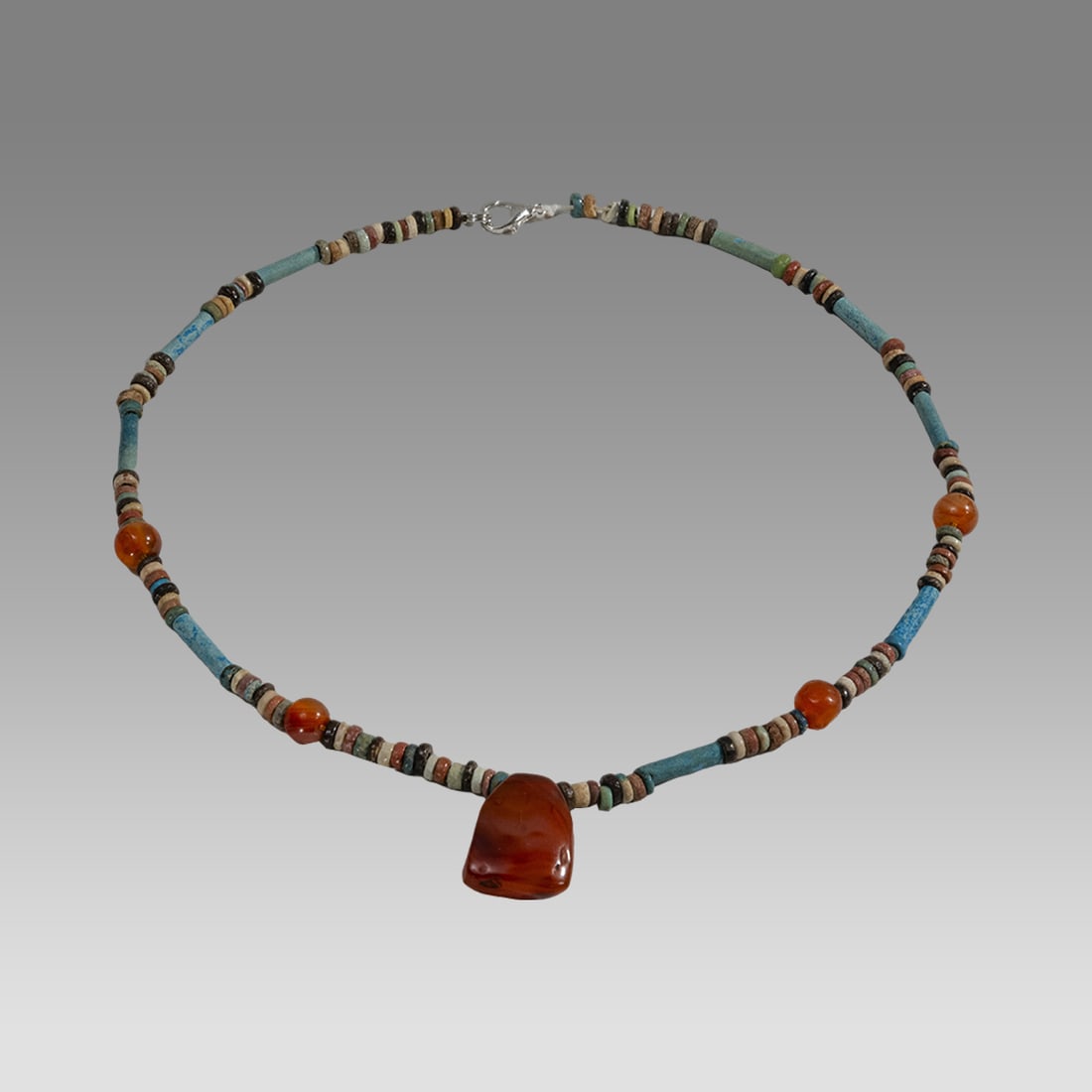 Ancient Egyptian Faience, Bead Necklace c.300-50 BC.: Ancient Egyptian Faience, Bead Necklace c.300-50 BC. Size 18 inches length. Great Looking single strand Faience Bead necklace. With agate beads. wearable. Provenance: Ex Secret Eyes Gallery New York 1