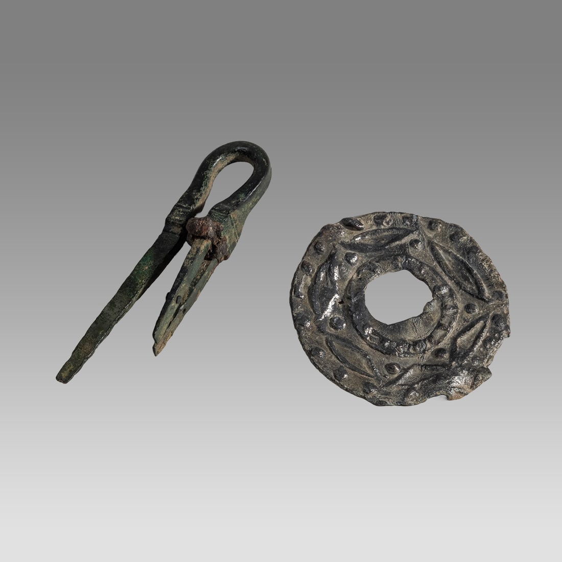 Ancient Byzantine Lead Mirror, Luristan Bronze Hook c.1000 BC-6th century AD. (1 of 2)
