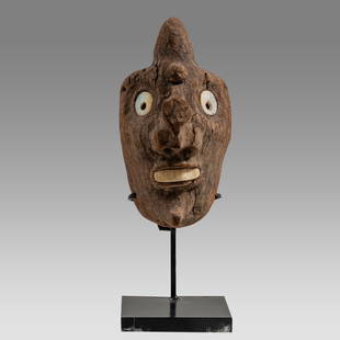 Mayan Miniature Wood Mask, Chac The Wind god c.550-950 AD.: Mayan Miniature Wood Mask, Chac The Wind god c.550-950 AD. Size 3 3/8 inches high. + stand. Carved wood miniature mask with Shell eyes and mouth inlay. Custom mounted. Provenance: Ex Private NYC colle