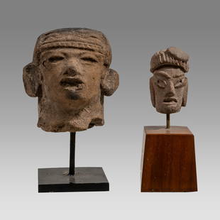 Lot of 2 Ancient Pre-Columbian Terracotta Heads Fragments Ca. 300 B.C.-600 A.D.: Lot of 2 Ancient Pre-Columbian Terracotta Heads Fragments Ca. 300 B.C.-600 A.D. Size of the heads: 1 3/4 - 2 3/4 inches high + stand. Pre-Columbian Colima and Mayan Terracotta heads fragments from ful