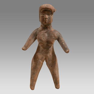 Ancient Pre-Columbian Terracotta Colima Figure Ca. 300 B.C.: Ancient Pre-Columbian Terracotta Colima Figure Ca. 300 B.C. Size 7 inches high. Pre-Columbian Colima female figure, depicted standing naked with hands spread out, wearing headdress. Provenance:Ex. Pri