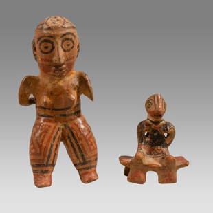 Ancient Pre-Columbian Costa Rican Nicoya Pottery Figures c.500 to 700 AD. (2).: Ancient Pre-Columbian Costa Rican Nicoya Pottery Figures c.500 to 700 AD. (2). Size: 7 1/2 - 4 1/4 inches high. Pre-Columbian Costa Rican pottery female figures, larger figure holding a child on its b