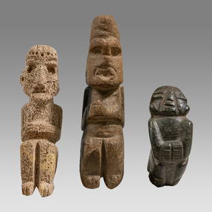 Ancient Pre-Columbian Costa Rican Stone Figures c.500 to 700 AD. (3).: Ancient Pre-Columbian Costa Rican Stone Figures c.500 to 700 AD. (3). Size: 3 1/8 - 6 1/4 inches high. Pre-Columbian Costa Rican stone figures, depicted seated. Provenance:Ex. Private NYC collection a