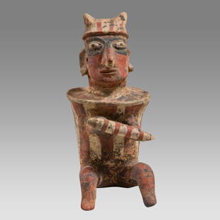 Ancient Pre Columbian Nayarit Warrior Ca.100 B.C - 250 AD.: Ancient Pre Columbian Nayarit Warrior Ca.100 B.C - 250 AD. Size 7 1/2 inches high. Hollow pottery seated warrior in red and white striped ceremonial dress holding a scepter. Provenance:Ex. Private NYC