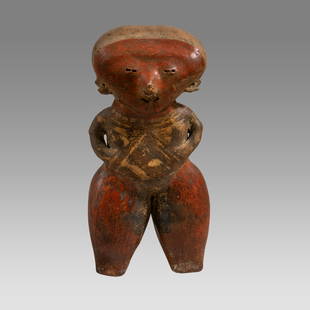 Ancient Pre Columbian Chinesco Pottery figure c.100 AD.: Ancient Pre Columbian Chinesco Pottery figure c.100 AD. Size 10 inches high. Burnished Red pottery standing figure, wearing nose ring with painted decoration. Provenance: Private NYC collection acquir