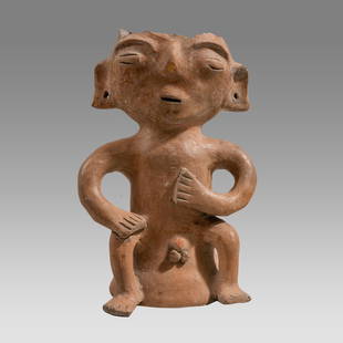 Ancient Pre-Columbian, Quimbaya, Seated Naked Male Figure c. 1200 to 1400 AD.: Ancient Pre-Columbian, Quimbaya, Seated Naked Male Figure c. 1200 to 1400 AD. Size 9 1/2 inches high. Hollow terracotta sealted naked male figure with pierced large ears. Provenance: Private NYC colle