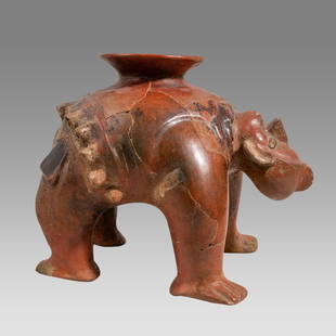 Pre-Columbian style Colima redware acrobat vessel, Possibly ancient?: Pre-Columbian style Colima redware acrobat vessel, Possibly ancient? Size 10 inches high, 13 inches length. Large red terracotta pottery, modeled as a male figure vessel in a back arch position, hands