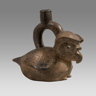 Pre-Columbian, Chavin Effigy Bird Stirrup Vessel.: Pre-Columbian, Chavin Effigy Bird Stirrup Vessel. Size 8 1/2 inches high, 9 1/4 inches length. Provenance: Ex Private NYC Collection acquired in the USA Market.