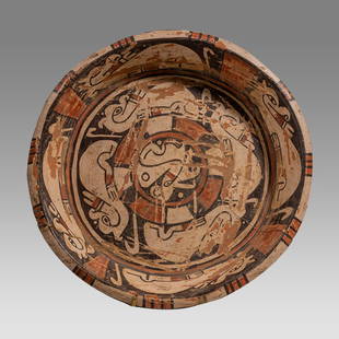 Costa Rican Polychrome Pottery Plate with Abstract Birds c.800-1350 AD.: Costa Rican Polychrome Pottery Plate with Abstract Birds c.800-1350 AD. SIze 10 3/8 inches diameter. Large polychrome bowl decorated with abstract birds with flat rim. Provenance: private NYC collecti